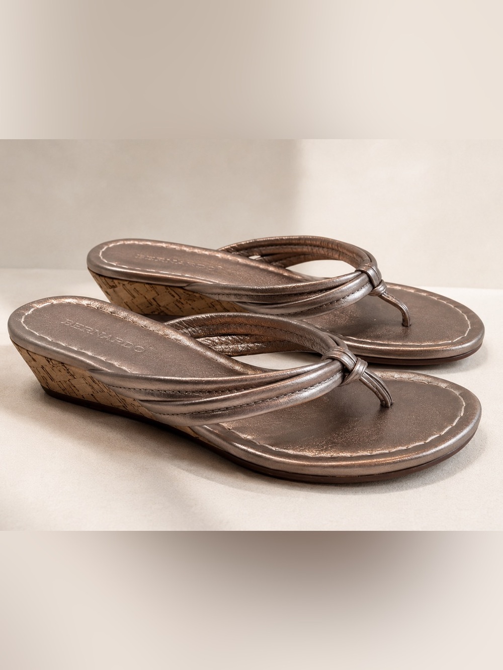 BERNARDO Miami Leather‎ Platinum Metallic Tong Cork Wedge Sandals